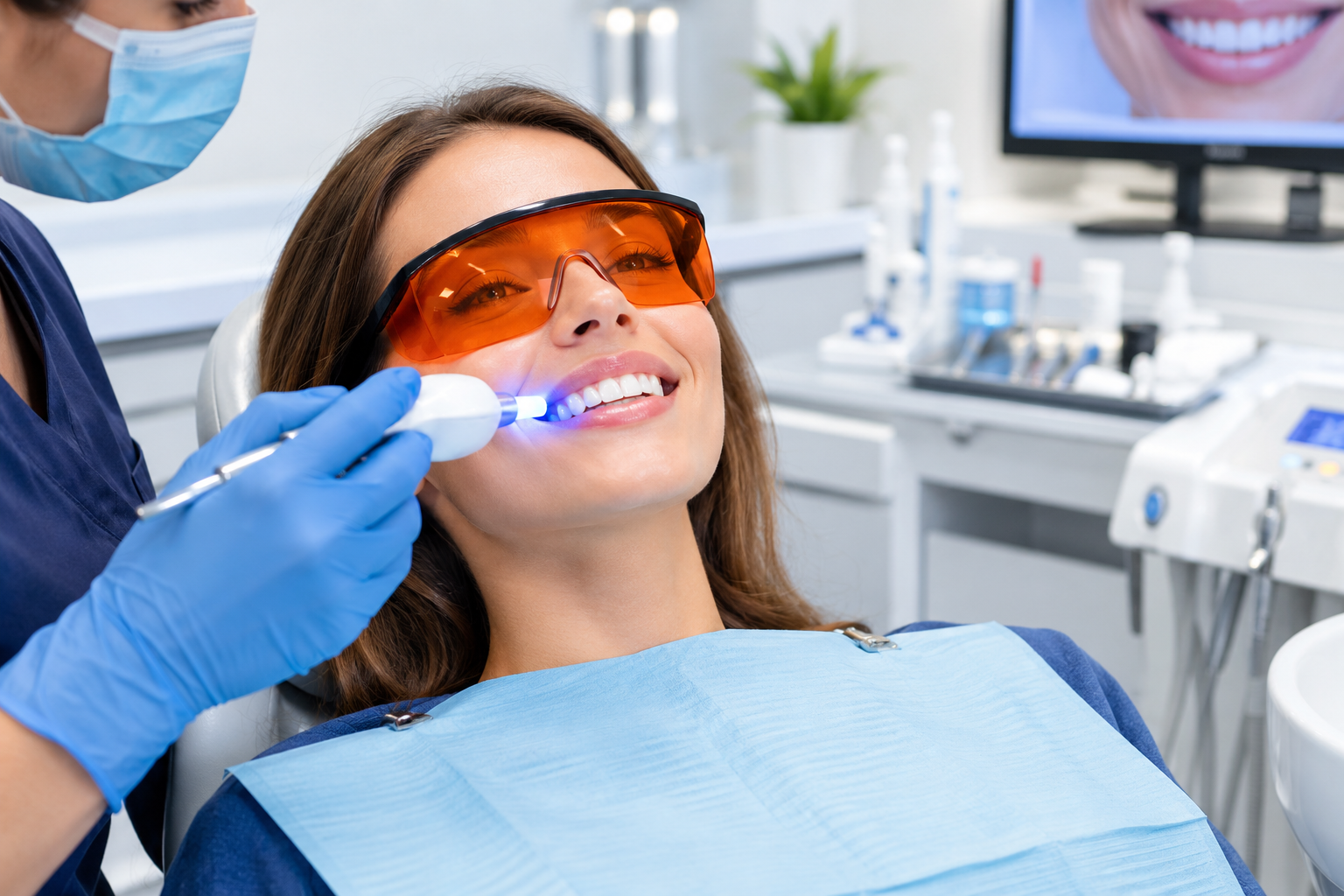 A trained practitioner applying Teeth Whitening treatment evenly across the front teeth with professional equipment